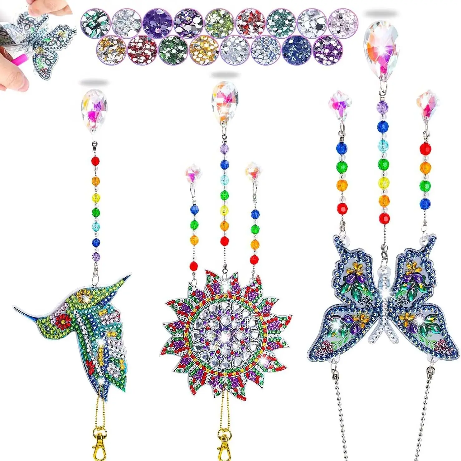 

DIY Diamond Painting Kit Hummingbird Acrylic Double Sided Crystal Pendant Beaded 5D Wind Chimes Sticking Glass Pendant Craft