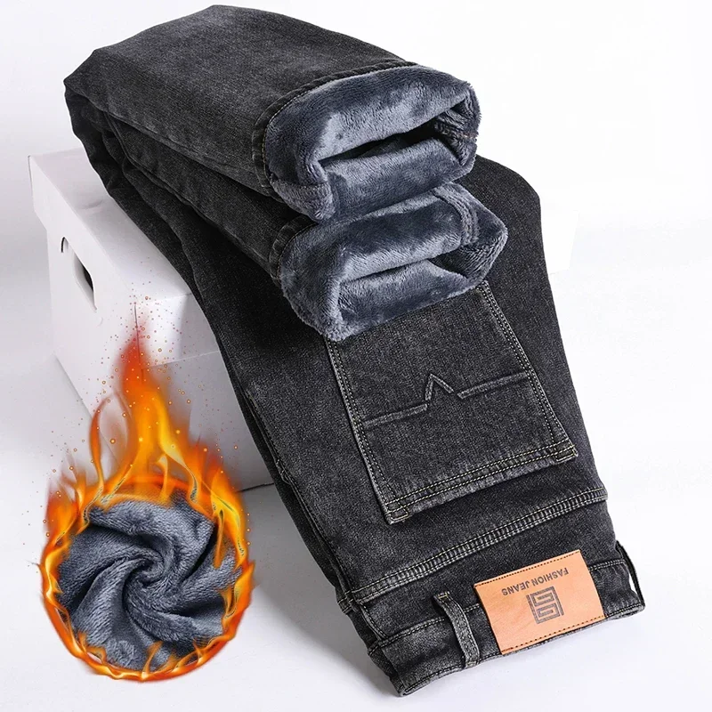 2024 Winter Fleece Thick Warm Jeans Men\'s Slim Business Straight Elastic Denim Pants Casual Male Clothing Fashion Plush Trousers