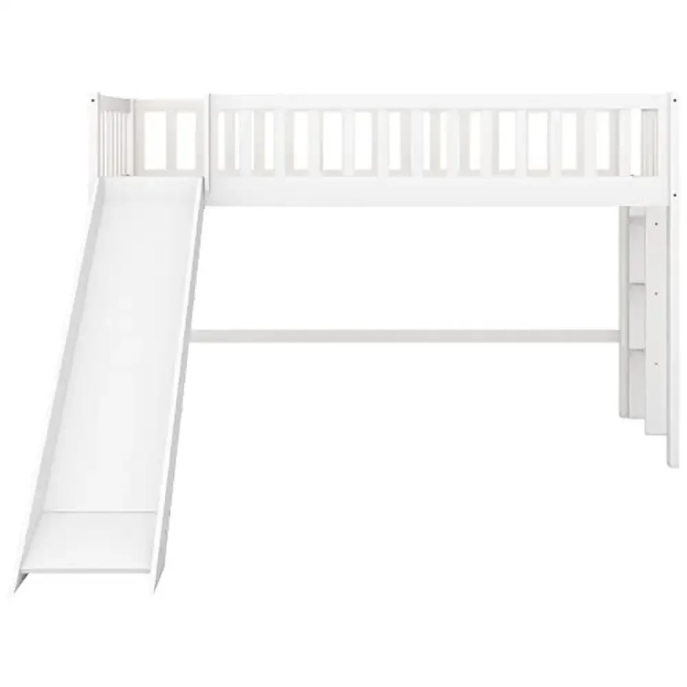 Twin Loft Bed with Slide & Ladder Safety Rails Solid Pine Wood Frame Fun Slide Bedframe Kids Modern Space-Saving Design 220lbs