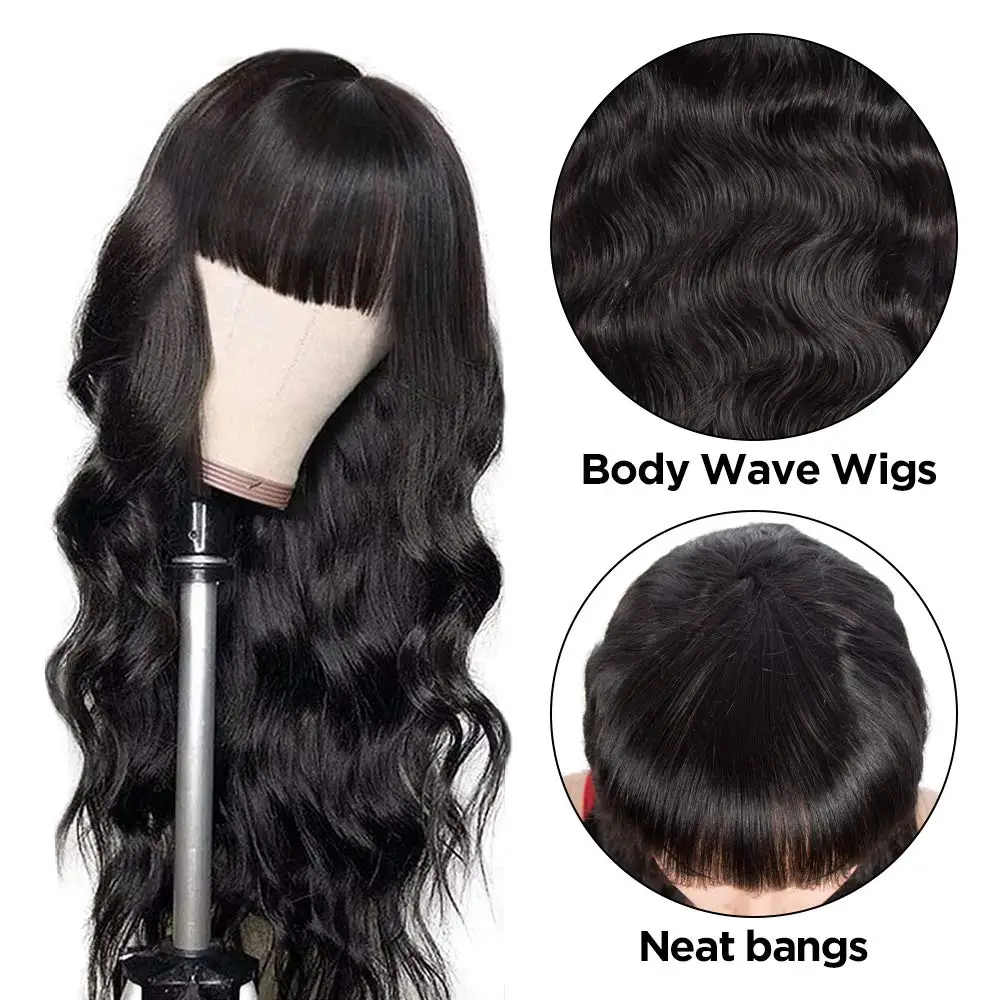 100% Human Hair Wig with Bangs Human Hair Body Wave 18-32 inch Brazilian Remy Hair Wig Natural Color Wig Body Wavy for Women