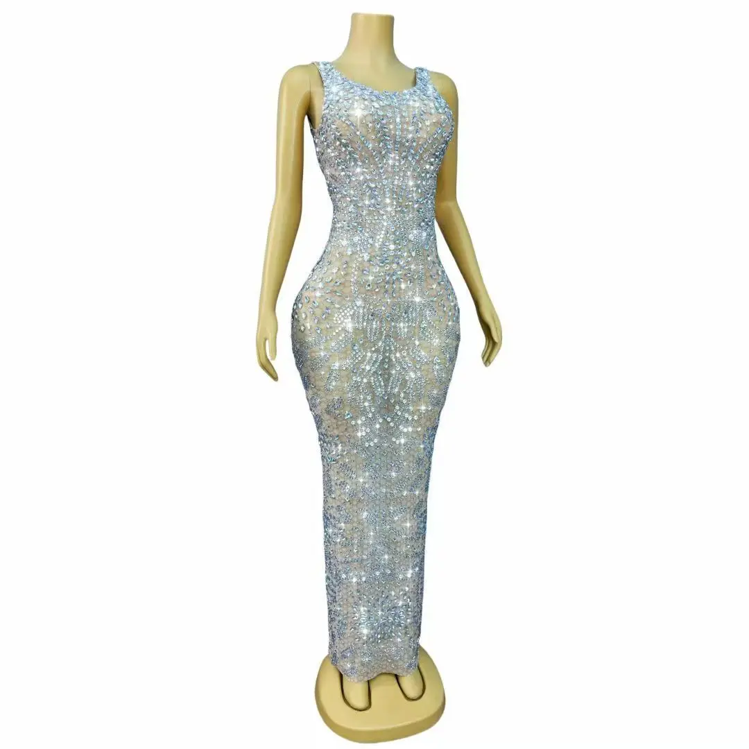 Sexy piscando prata strass sem mangas cultivo maxi vestido feminino noite casamento vestidos elegantes festa tapete vermelho wear