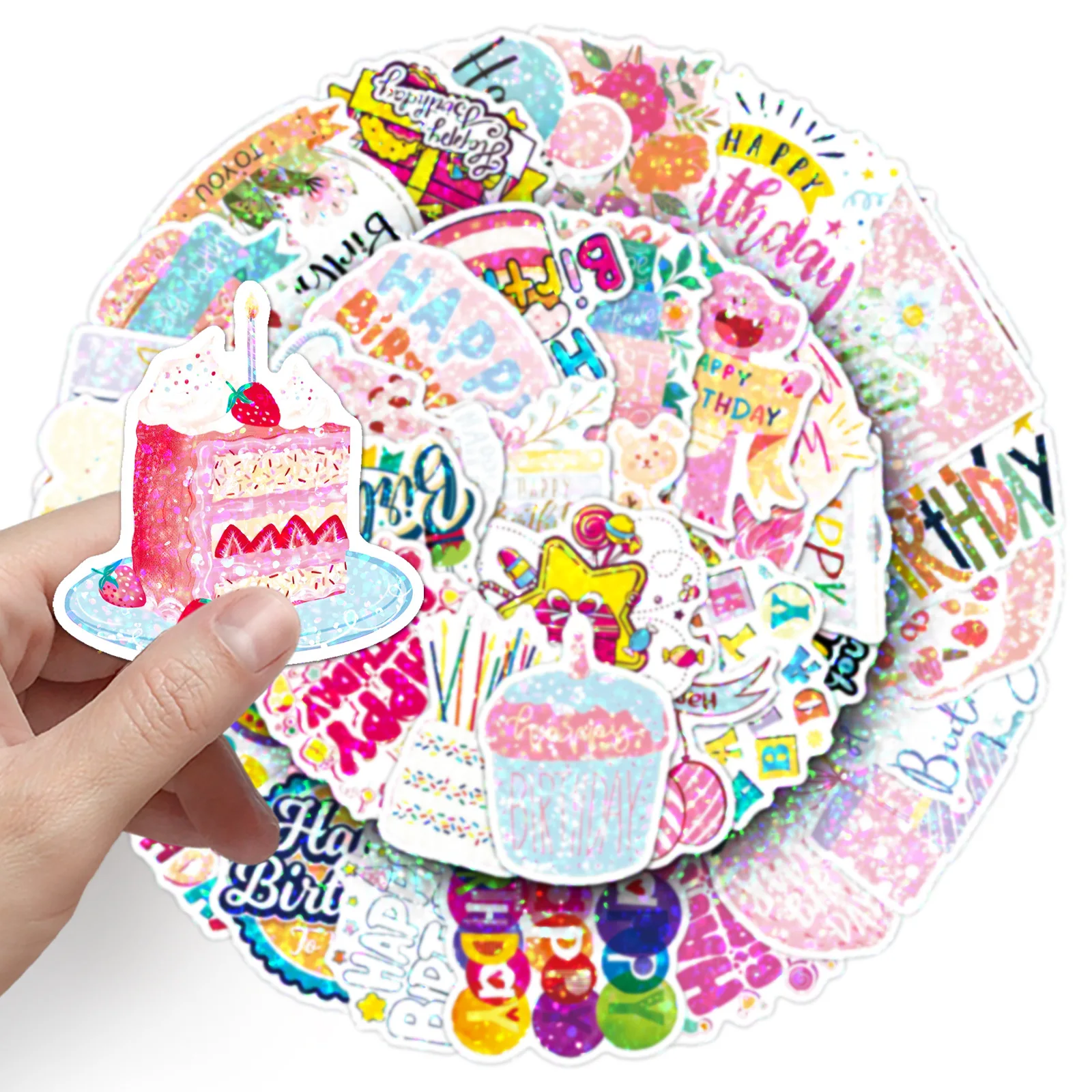 50 PCS Flash Film Laser Happy Birthday Creative Stickers For Atmosphere Decoration Decorate Water Cup Phone Waterproof Decals