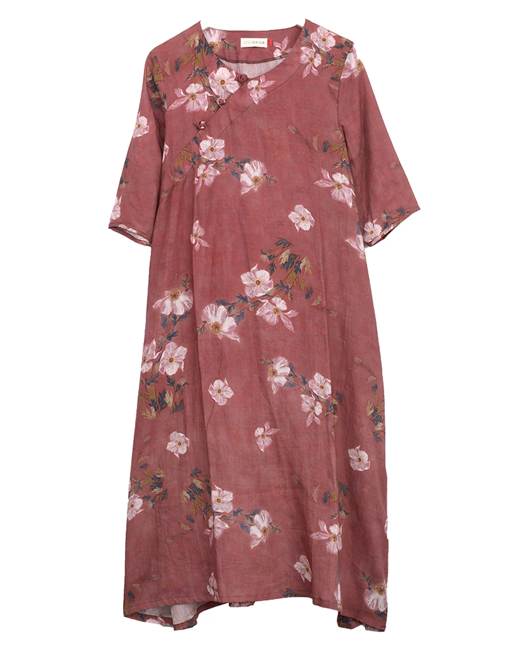 LZJN-Abito Boho Lungo da Donna, Stampato a Fiori, Stile Cheongsam Cinese, Abito con Stampa Ramie Estivo