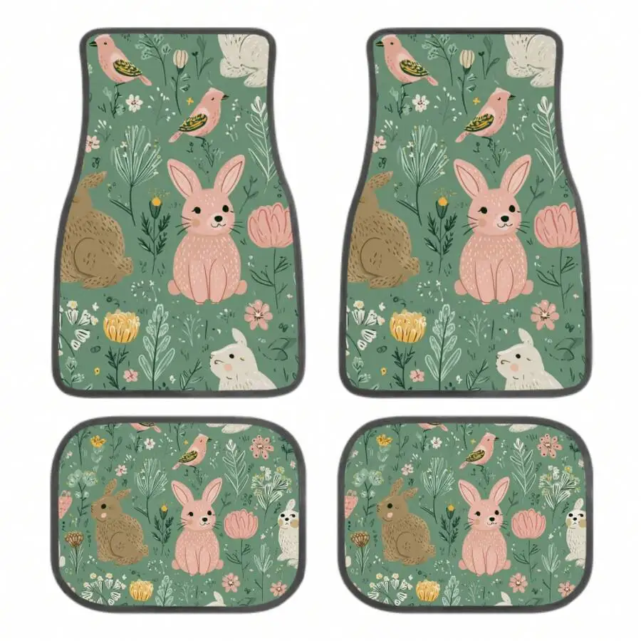 

4-Piece Anti-Slip Car Floor Mat Set With Rabbit And Bird Floral Pattern Universal For Sedan SUV Truck