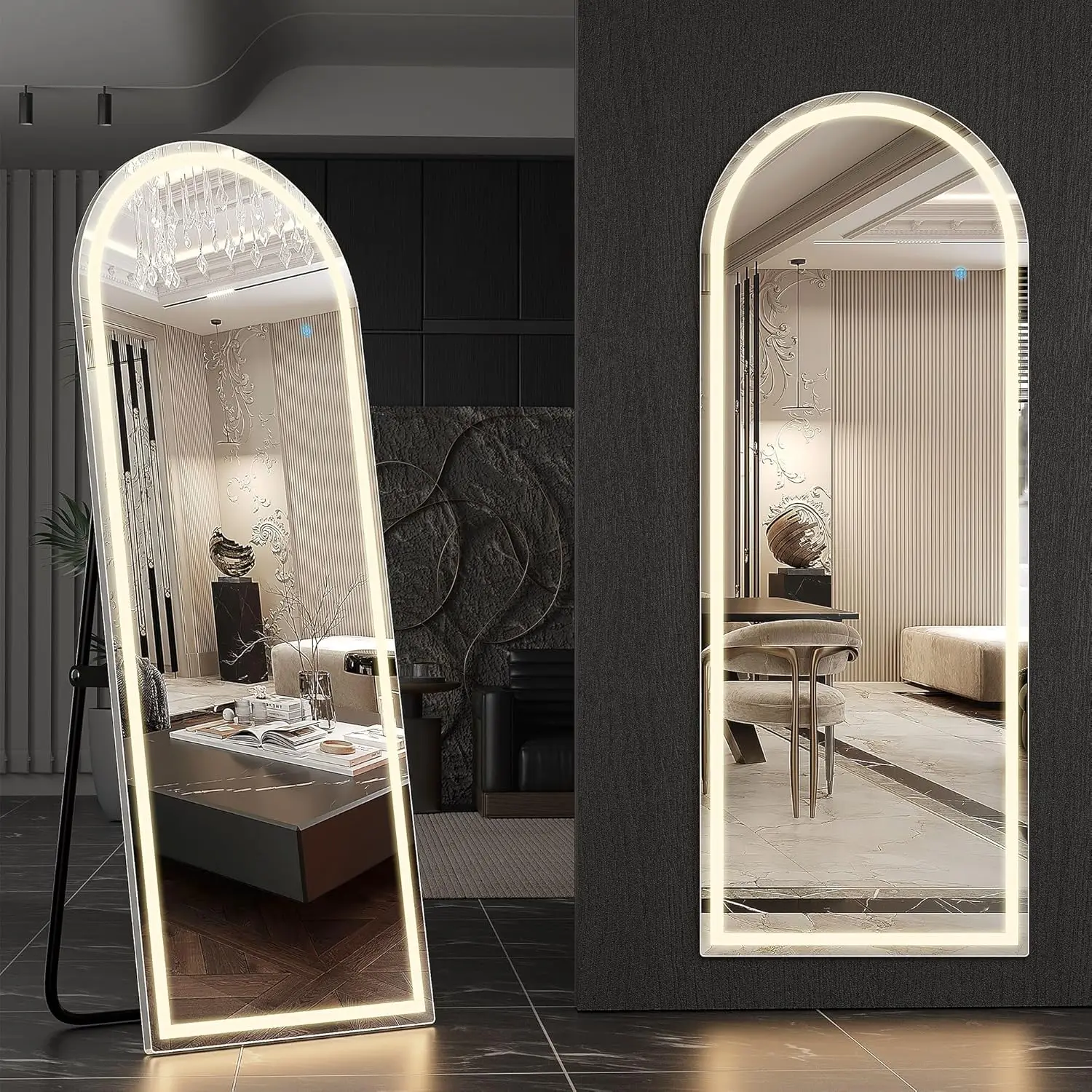 

63x20 Inch Arched Full Length LED Mirror with Dimmable Lights and 3 Color Temperatures for Home Decor