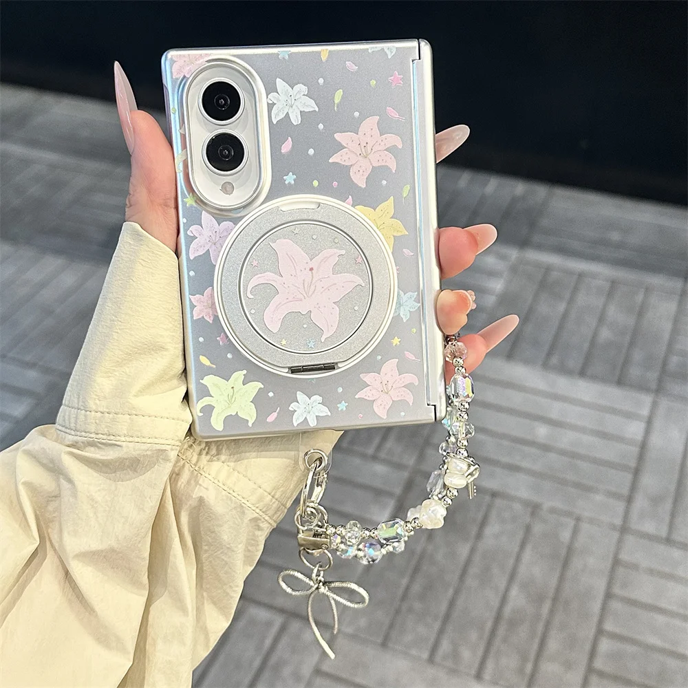 Silver Pastel Lily Floral Phone Case For Samsung Galaxy Z Fold8 Mirror Bracket Crystal Bead Wrist Strap Hard Foldable Shell