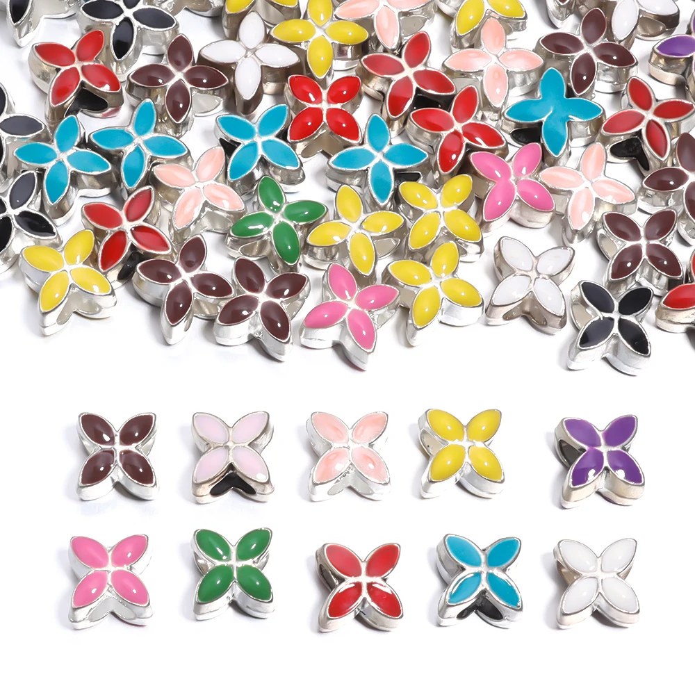 10Pcs/Lot 9.5×9.5mm Alloy Drop Oil Beads Colorful Four Petal Flower Large Hole Loose Beads For Diy Bracelet Necklace Jewelry