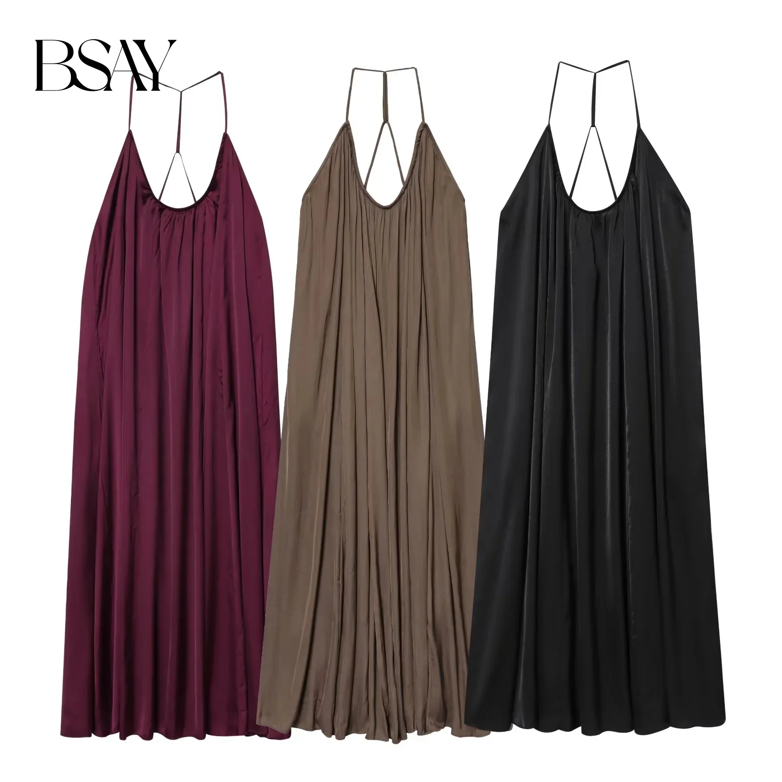 BSAY einfarbige Seidentextur 2025, Sommer, neuer Stil, hängender Halsband, rückenfrei, langes Kleid, sexy Damenbekleidung