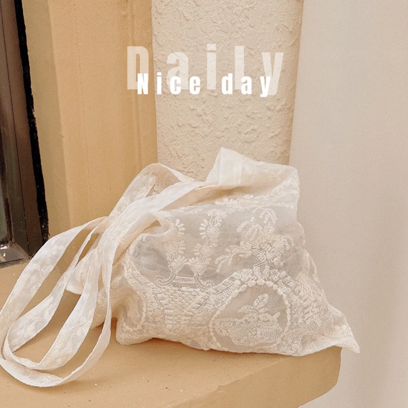 Neue Weiche Bestickte Blumen-Schultertasche Organza Große Kapazität Spitzen-Handtasche Tragbare Tragetasche für Damen – Detail 2