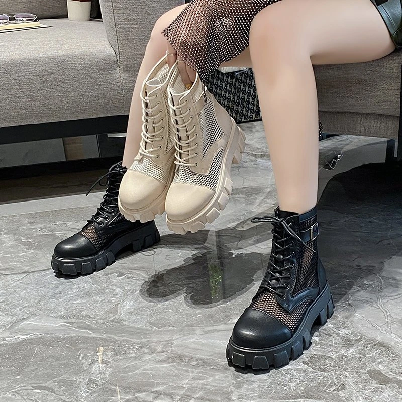 Thick Sole Breathable Mesh Boots for Women 2025 New Buckle Korean Style Large Size 43 Lace-up Waterproof Heightening Boots