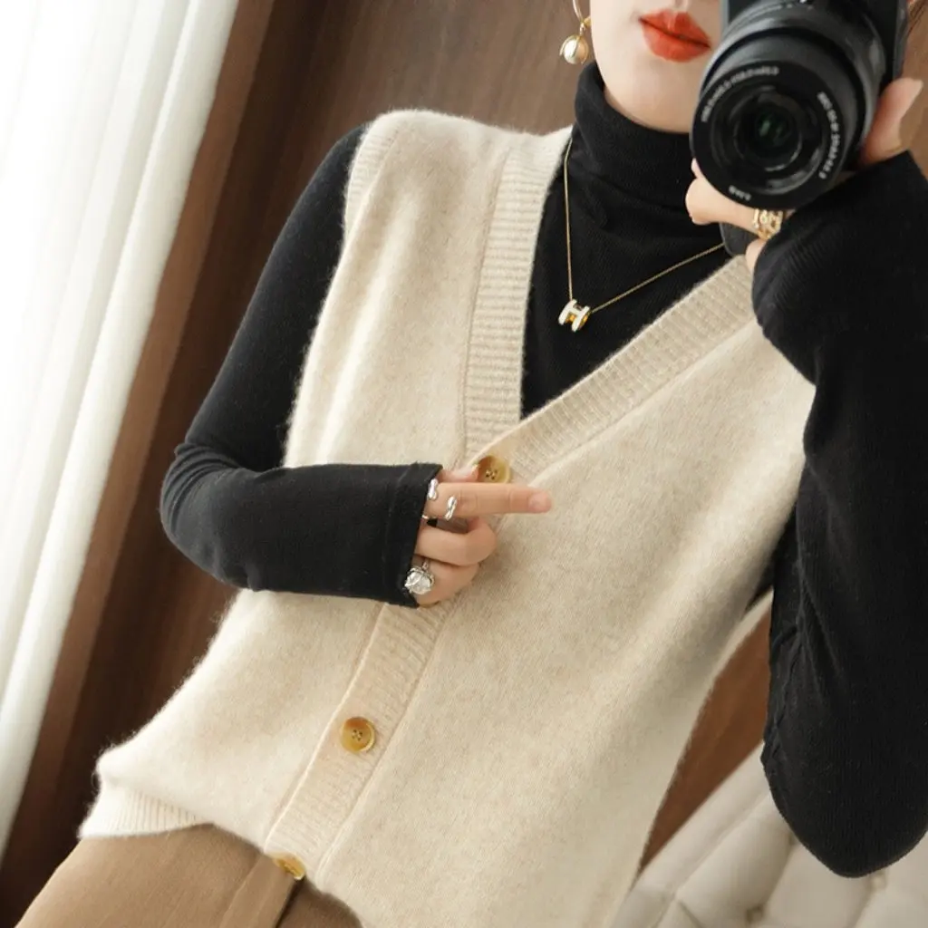 

Women's V-neck Knitted Cardigan Vest Cashmere Short Sweater Loose Base Layer Trendy Waistcoat Large Size