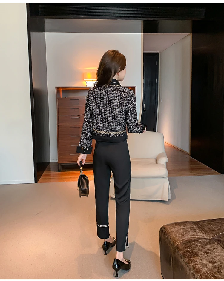 Women Office Work Elegant Chic Suit Tweed Jacke Coat Top And Pant Two Piece Set Outfit Female Autumn Winter Tweed Fragrant Cloth