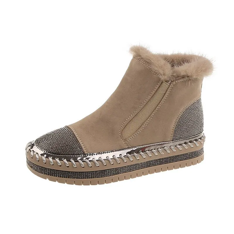 Piattaforma di pelliccia di lusso stivaletti da donna moda strass punta tonda Design fondo spesso stivali da neve donna Botas invernale Plus Size