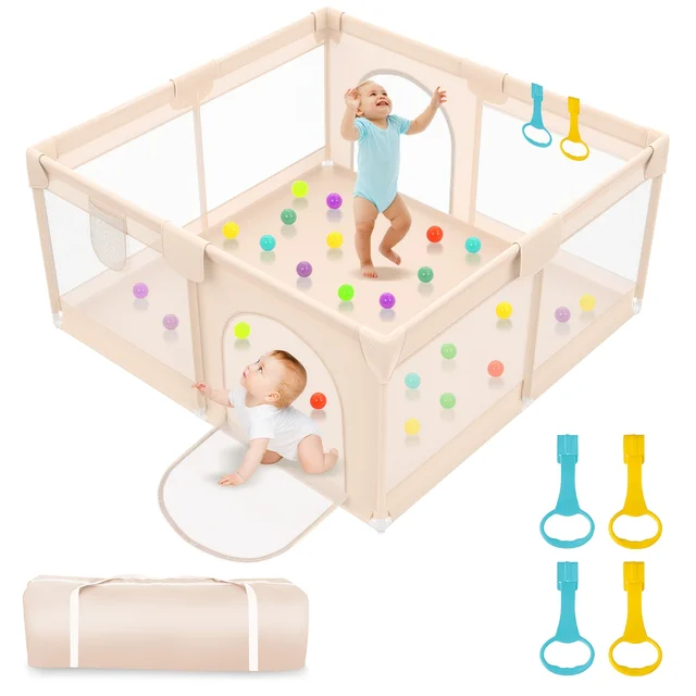 47X47 Inch Baby Playpen with 2 Handles, Toddler Play Yard with Soft And Breathable Mesh And Zipper Door, 27 Inch Height 5