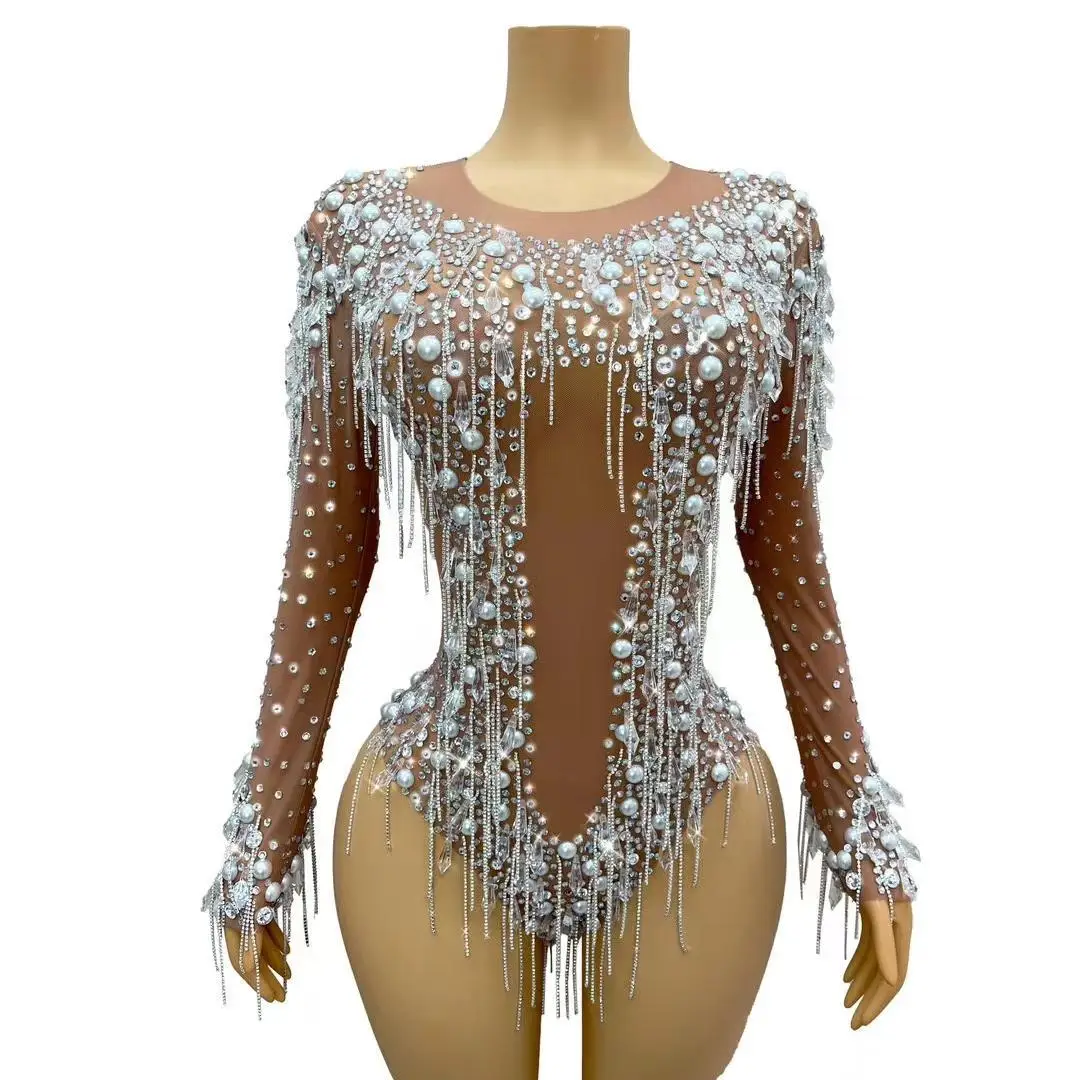 

Women Diamonds Pearls Chains Leotard Costume Performance Sexy Outfit Evening Birthday Crystals Fringes Bodysuit Shuijinglian