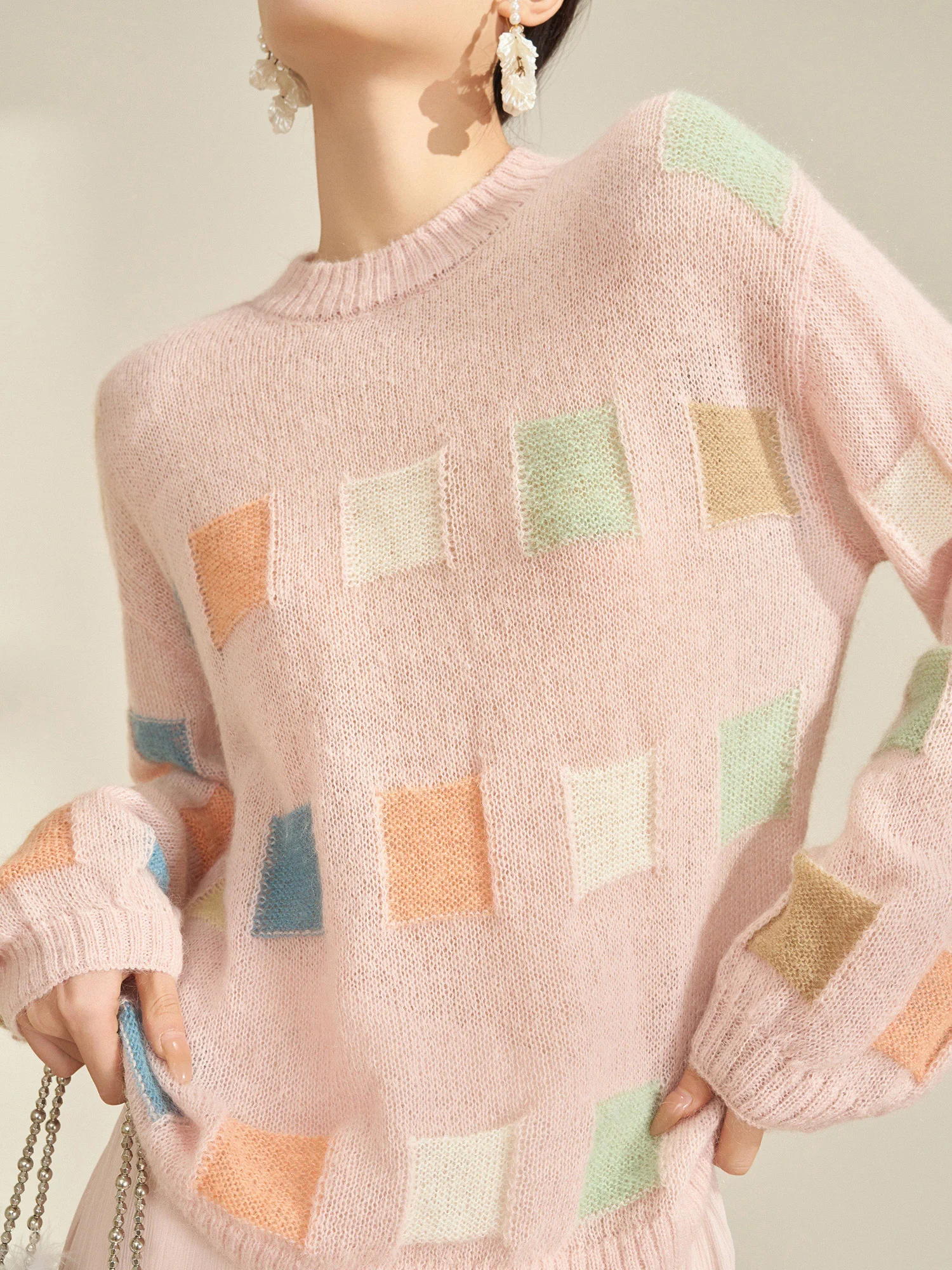 

Unique Beautiful Blo Color Loose Knitted Sweater Women's Casual Sle Polyester Fiber Long Sve round Ne Top