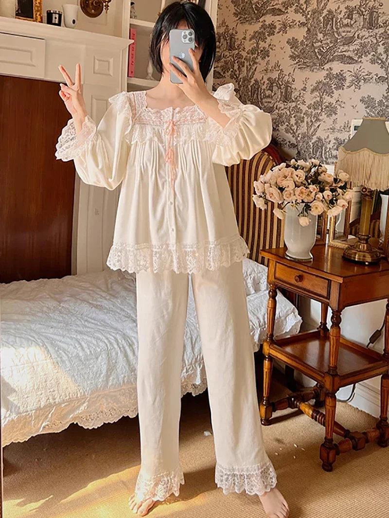 Women Velvet Autumn Winter Victorian Pajamas Home Fur Set French Lace Retro Vintage Princess Sweet Girls Sleepwear Loungewear