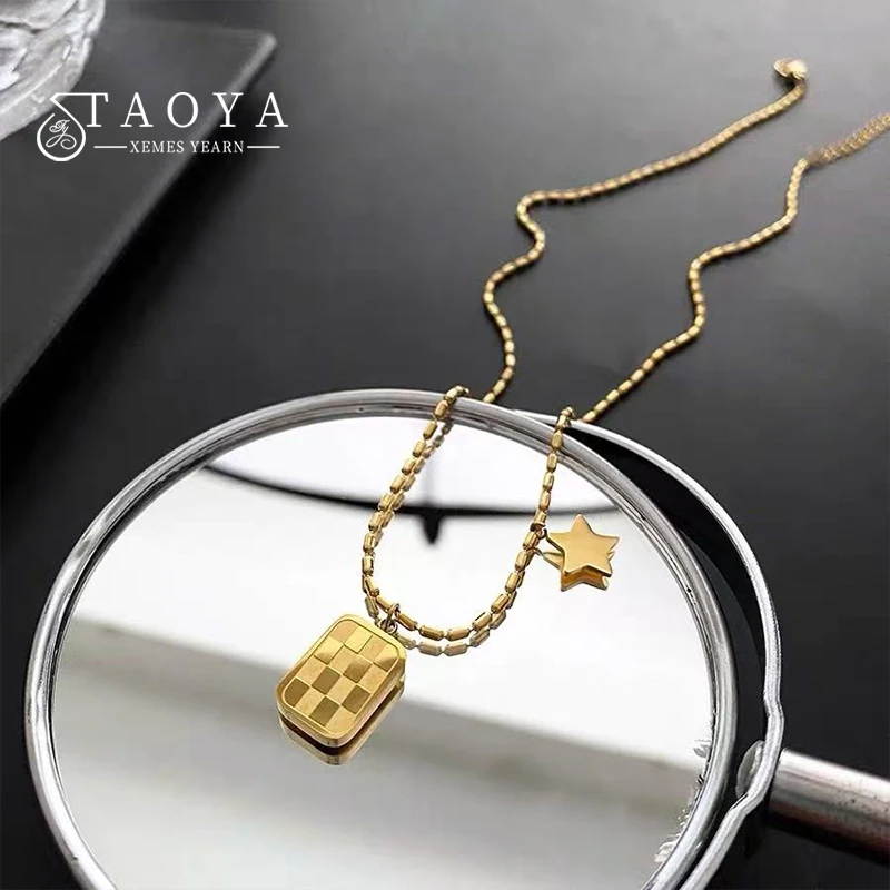 Design Stainless steel Gold Color Chess Star Pendant Necklace For Women's Non Fading Jewelry Sexy Collarbone Chain Accessory