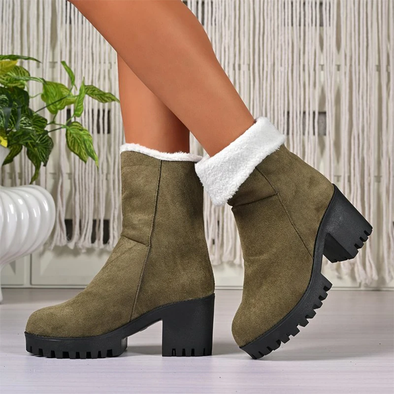 سميكة عالية الكعب الثلوج أحذية للنساء منصة صوف مبطن الدافئة حذاء من الجلد امرأة السببية جولة تو فو الجلد المدبوغ Zapatos Mujer #4