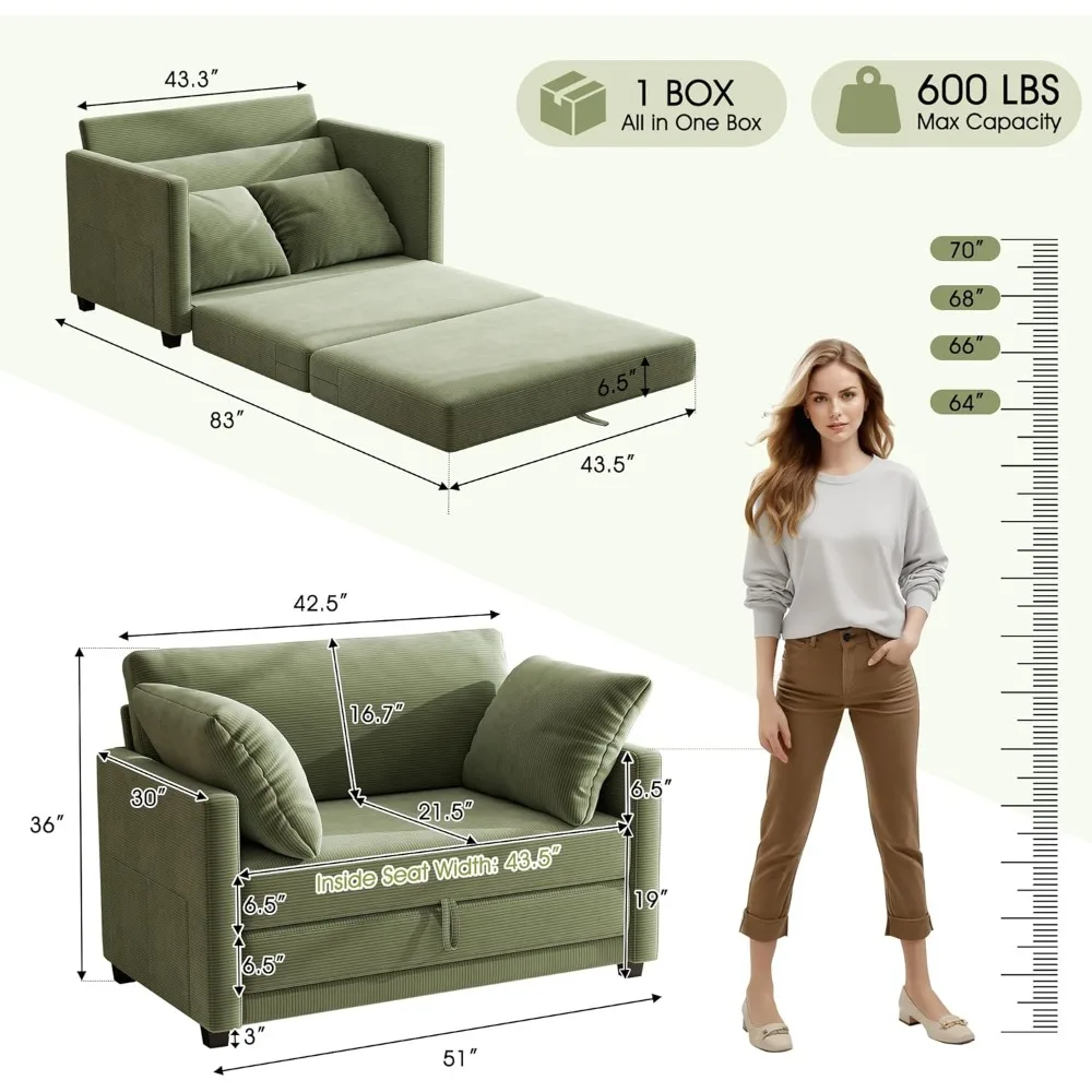 Sofá-cama de veludo cotelê para espaços pequenos, sofá conversível com assento profundo com 2 travesseiros, sofá-cama dobrável para C