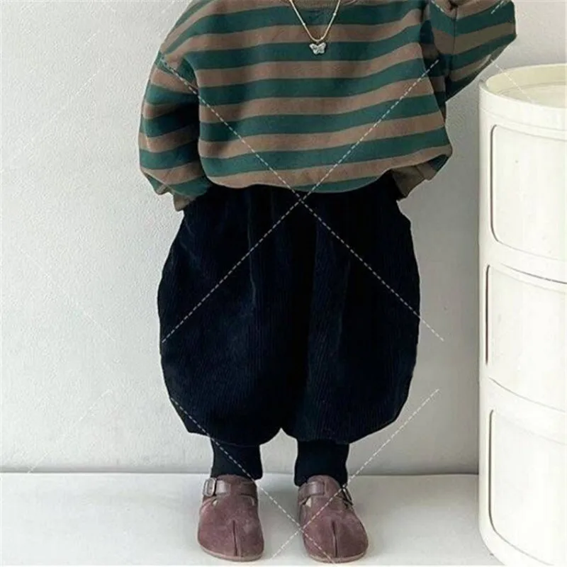 الأطفال المخملية سميكة قطعتين مجموعة الخريف الشتاء الفتيان الفتيات مخطط فضفاض جولة الرقبة هوديي مع Harajuku الساق الجوارب #3