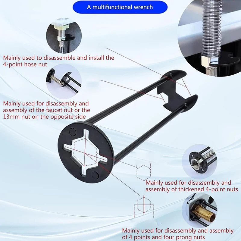 1PCS Basin Wrench 2 Sizes Plumbers Wrench Four-Jaw Hex Under Sink Wrench Faucet Tool Multifunctional Steel for Tight Spaces