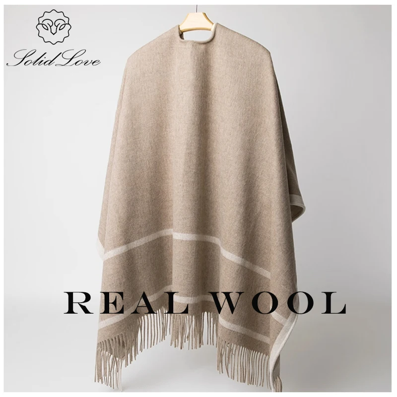 Fashion Clock Women Shawl Sweater 100% Wool Shawl Warm Female Mixed-use Cloak Autumn Winter Scarf French Tassel Cozy Wrap Clothi