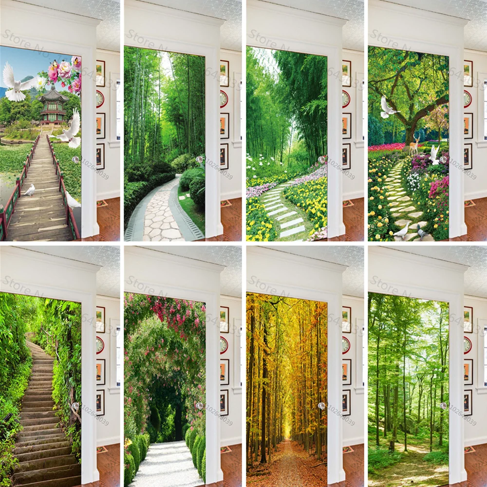 בתולה יער דלת מדבקת קיר דבק עמיד למים טבעי ירוק צמחים כל דלת כיסוי טפט לארון מקרר דקור