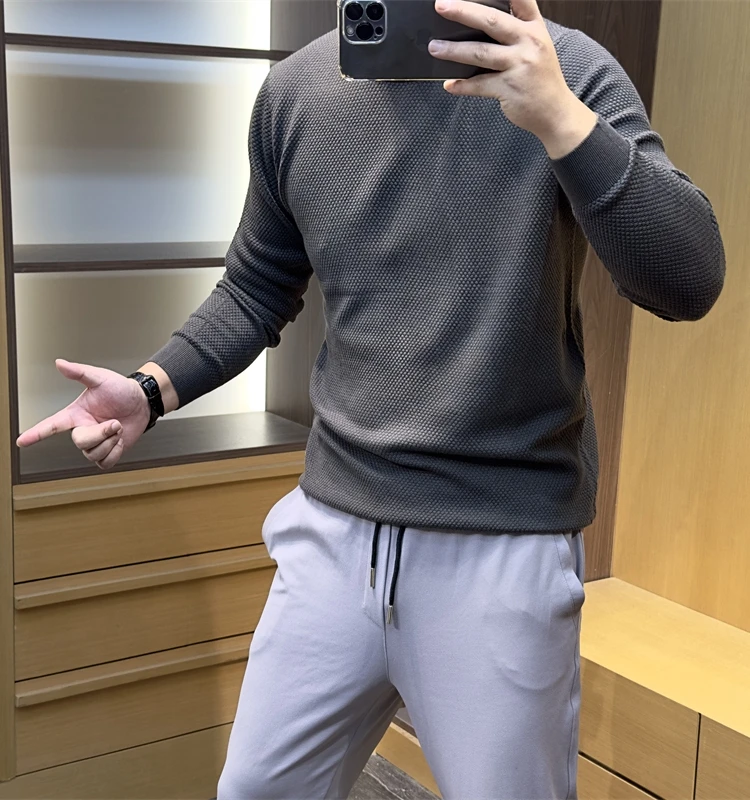   ミックスウールニットセーター ラウンドネック メンズ 秋冬 ファッション ユース アクティブ スリーブ ロングスリーブ 無地ニットウェア