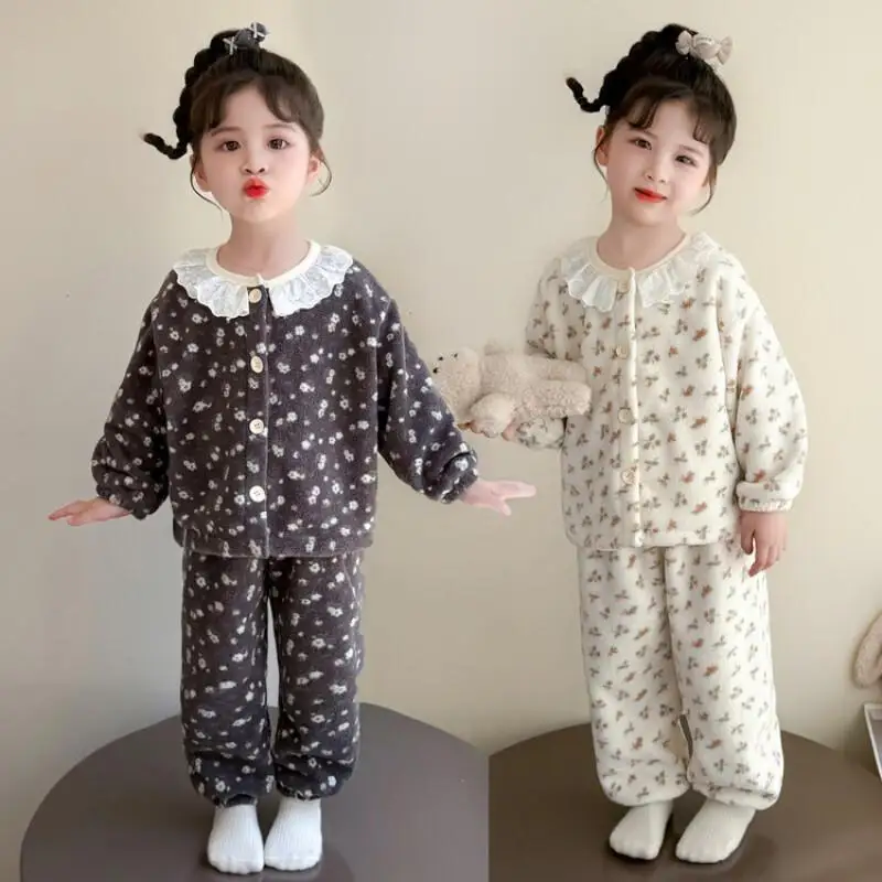 الفانيلا المنزل اثنين الفتيات الخريف الشتاء مجموعة الطفل سميكة الدافئة الأطفال Kawaii معطف غير رسمي القمم قطعة المرجان المخملية بيجامة غرزة' #1