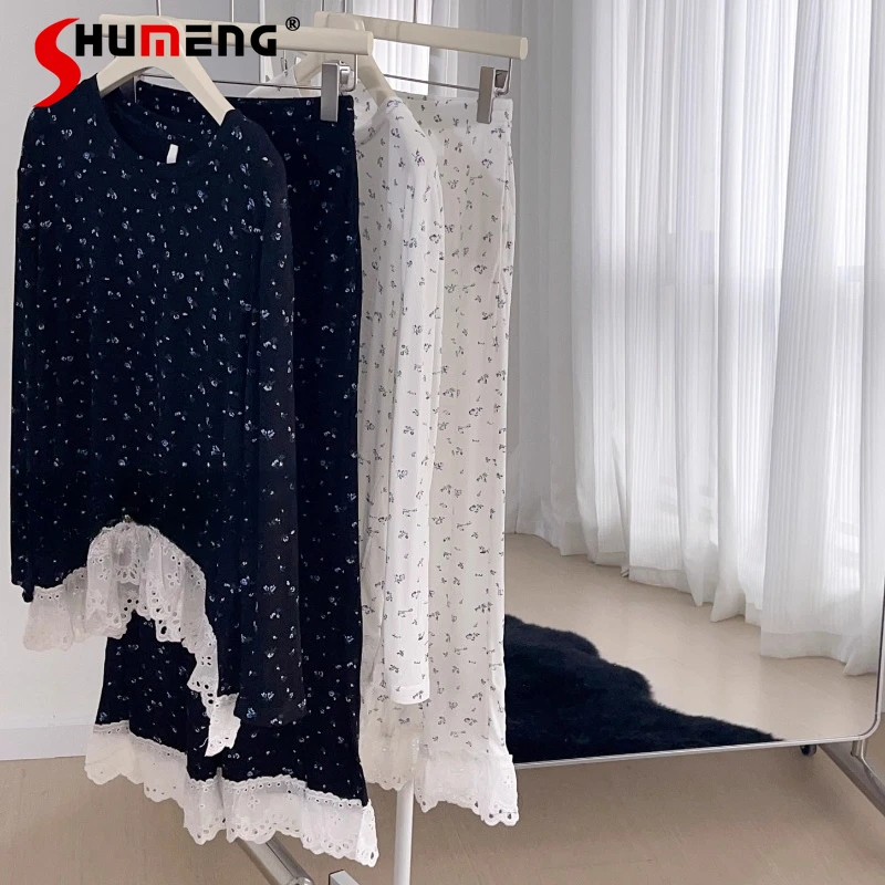 

Sweet Floral Round Neck Homewear for Women Ruffled Long Sleeve Soft Pajama Suits Female Japanese Style Loose Sleepwear