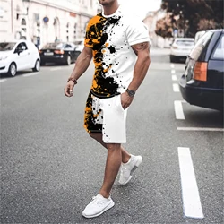 Popular and creative men's sportswear two-piece summer round neck short sleeved shorts set 3D splicing men's casual fashion set