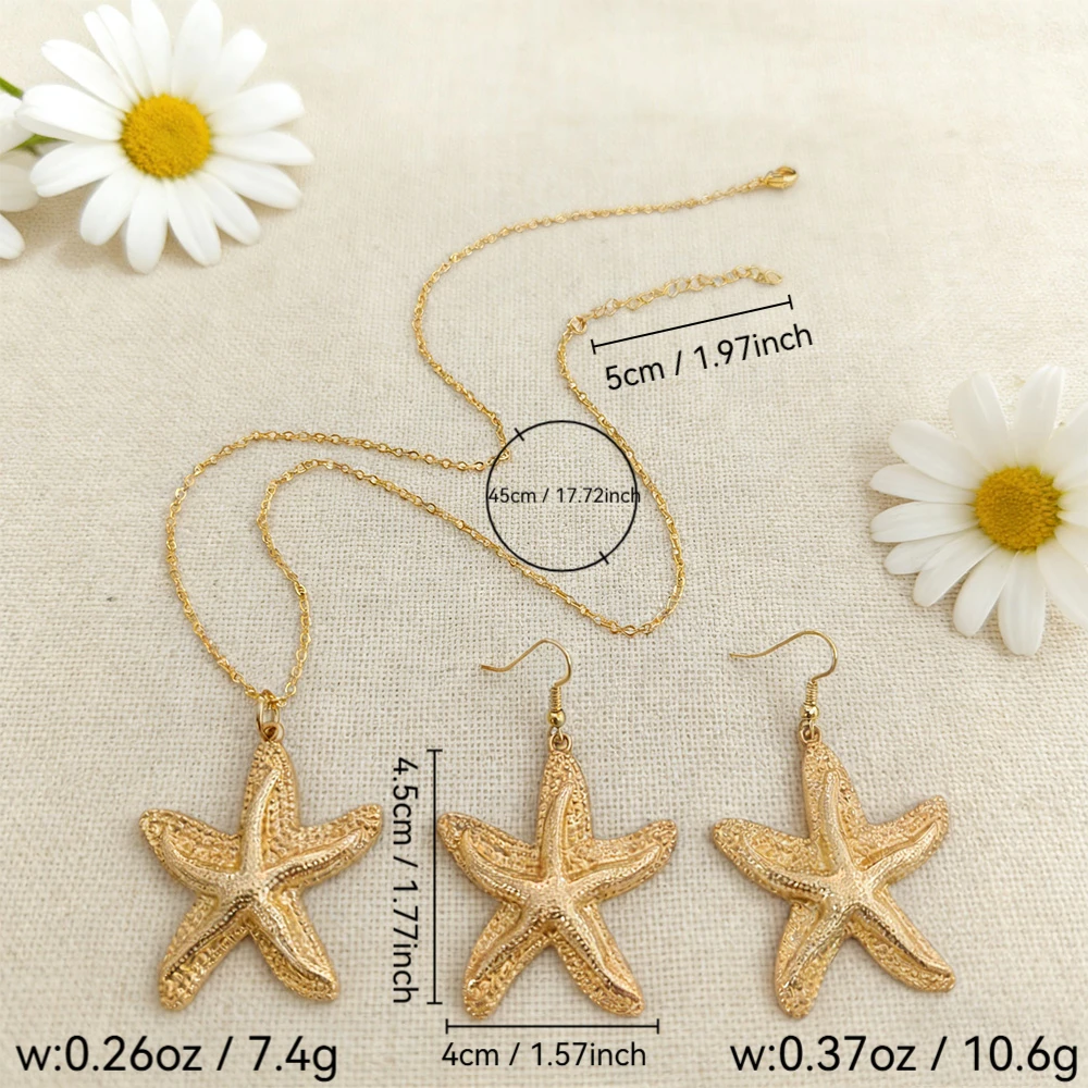 European and American Style Golden Starfish Jewelry Set, Holiday-Style Ocean-Themed Earrings and Necklace Two-Piece Set