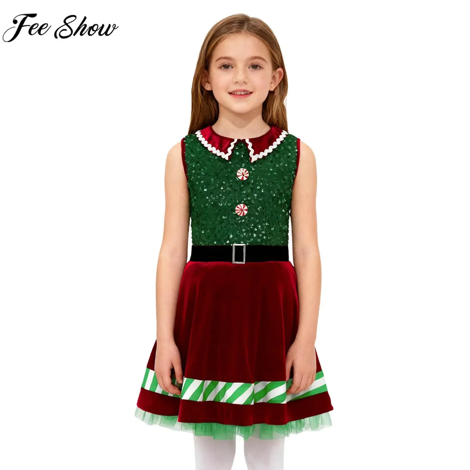 

Kids Girls Christmas Party Dress Xmas Elf Santa Helper Cosplay Costume Sleeveless Shiny Sequins Zipper Holiday Mesh Tutu Dresses