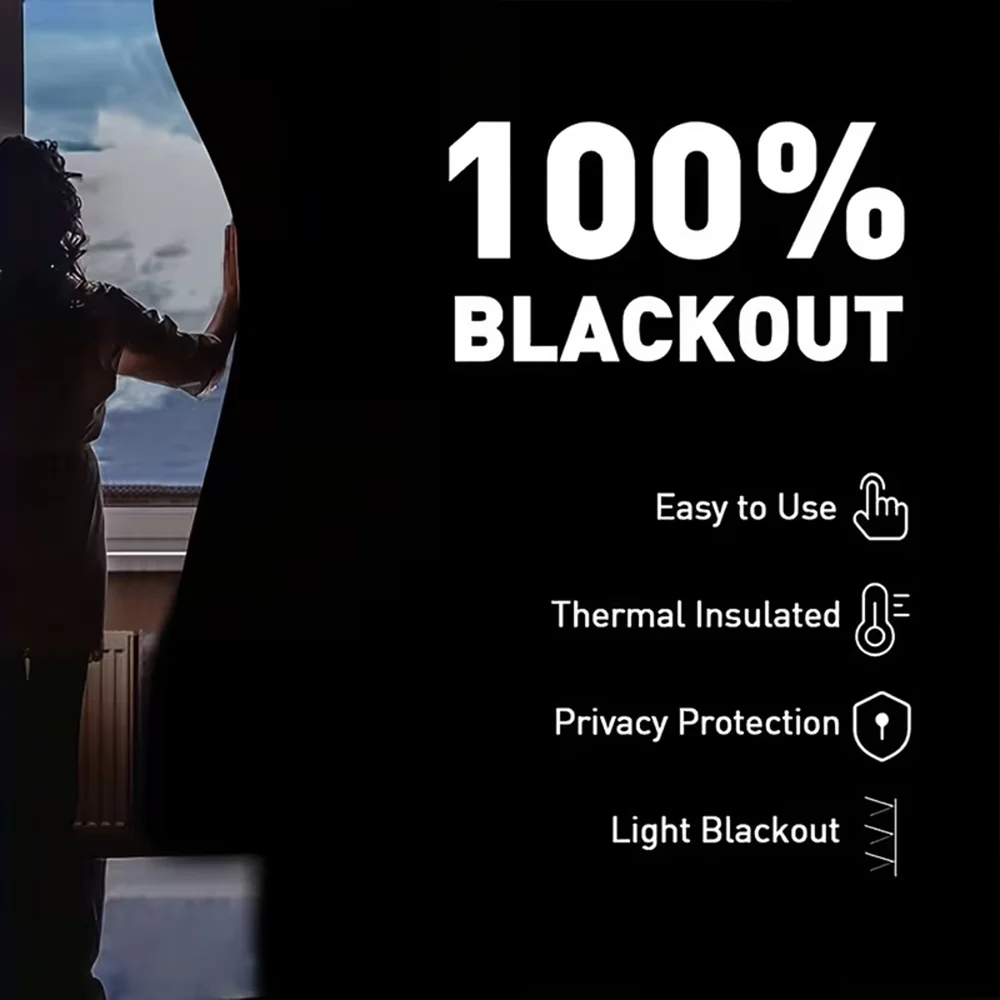 No Drill Self Adhesive Blackout Curtain Fabric 100% Light Block Heat Insulation Privacy Trimmable Portable Travel Window Coverin