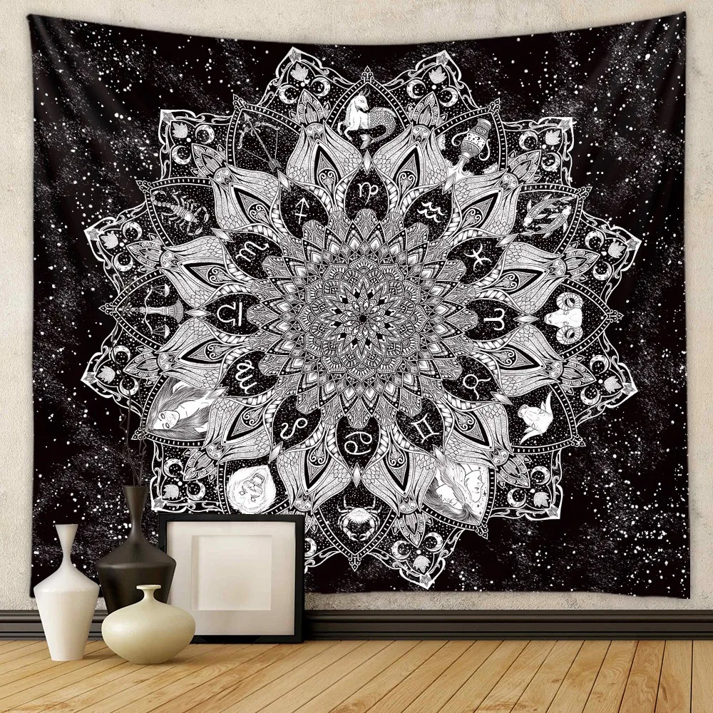

Black and White Zodiac Mandala Tapestry Polyester Wall Hanging Psychedelic Astrology Background Cloth for Bedroom Living Room