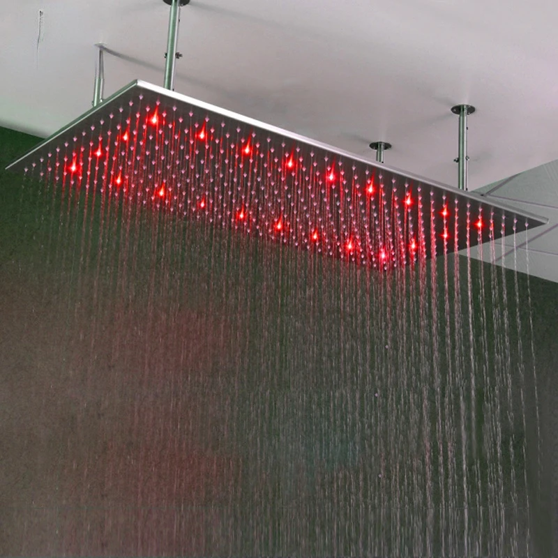 High Pressure Rain Shower Head 20''×40'' mm Temperature Control LED Spa Showerhead Brushed Square Ceiling Shower Panel