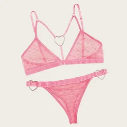 Ensemble de lingerie à imprimé cœur pour femme, soutien-gorge sexy, sous-vêtements en maille, bralette transparente, anneau lié, 7.0, 2 pièces