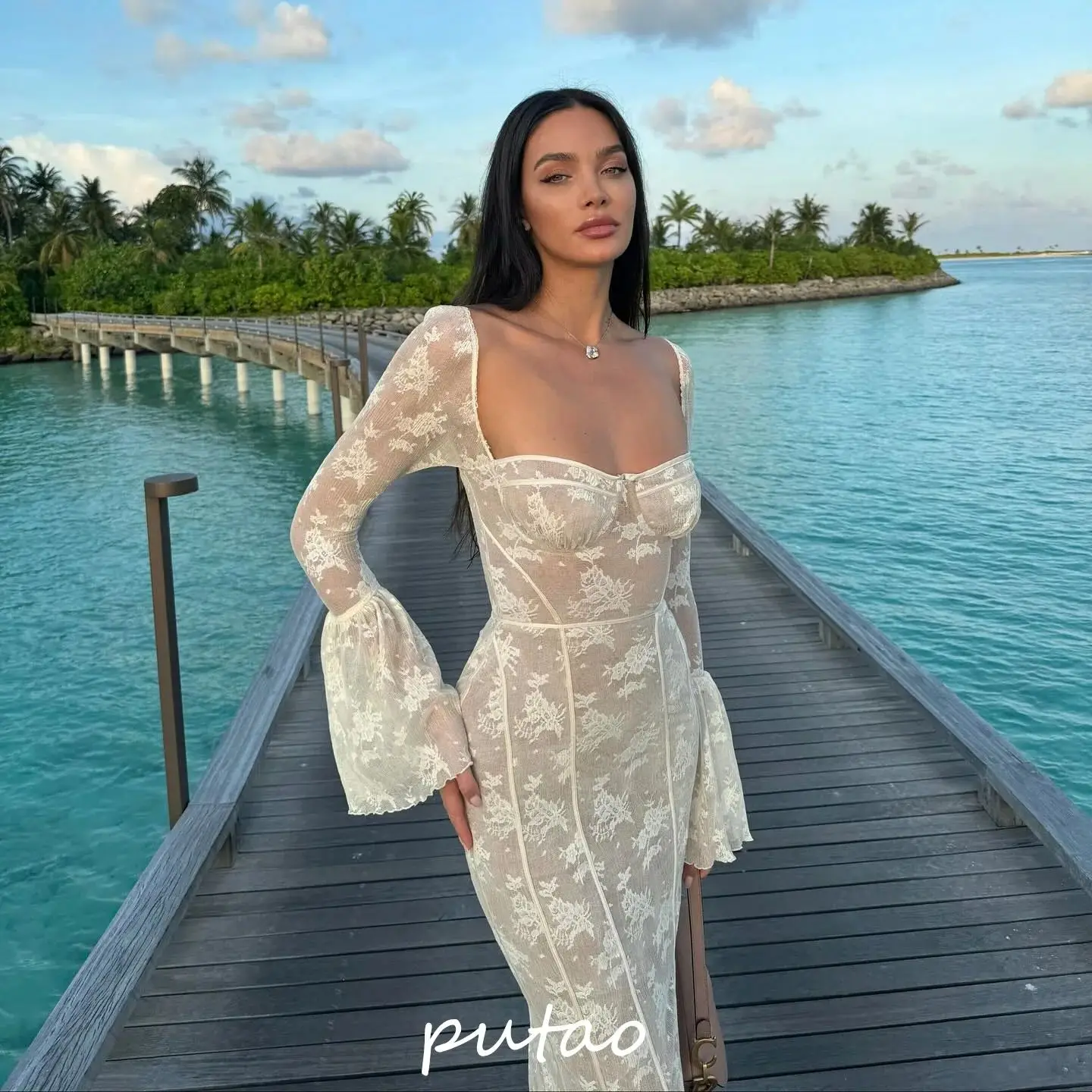 

Putao Lace Summer Beach Dresses Long Illusion Sexy Mermaid Long Sleeves Formal Dress Saudi Arabia Women Wear Prom Dresses 2024