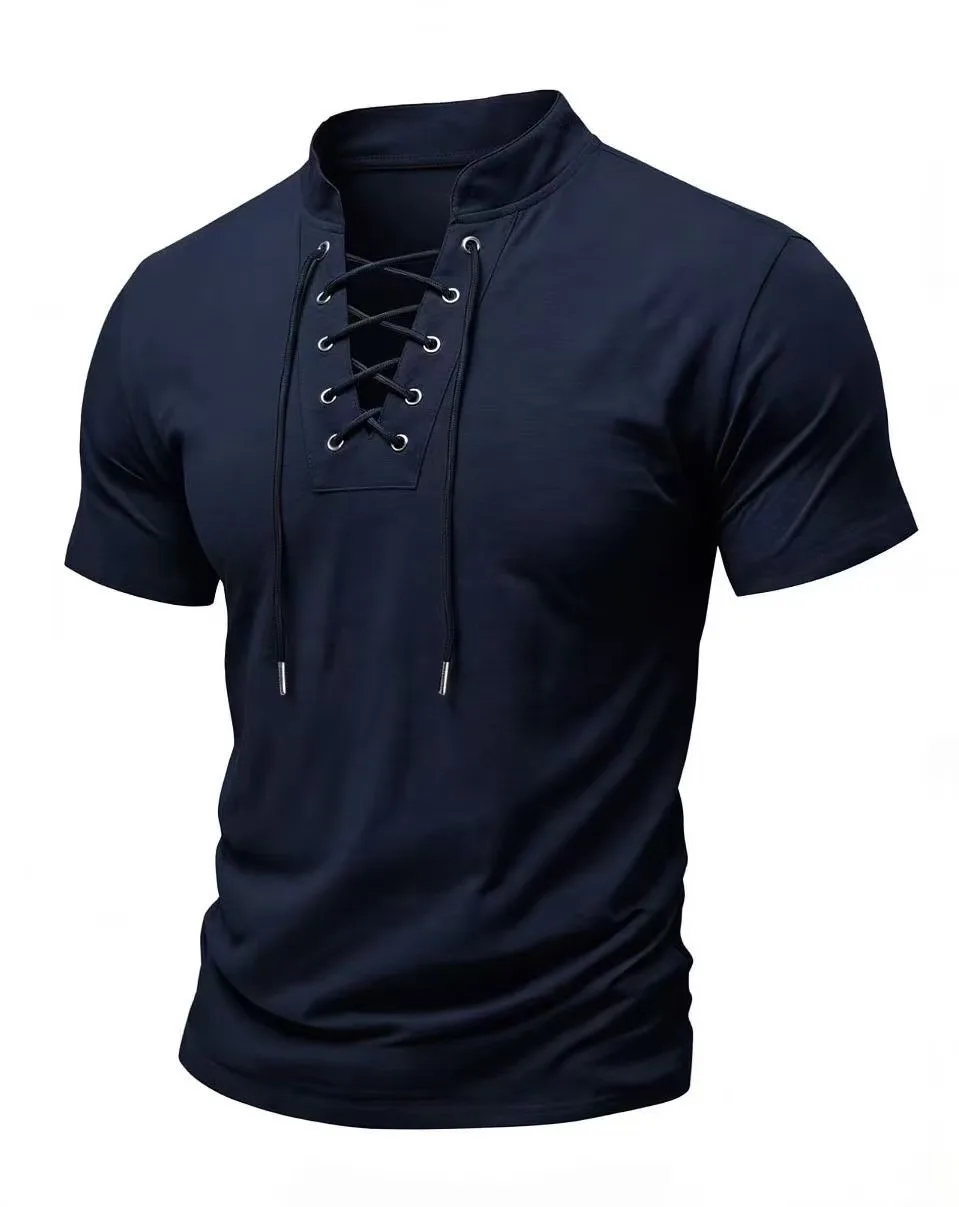 Vintage Drawstring Stand Collar Polo Shirts Summer Men Casual Short Sleeve Tops For Mens Retro Patchwork Polo T Shirts