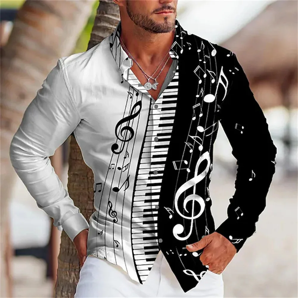 Musical note pattern 3D printed men\'s casual long sleeve button lapel shirt, suitable for spring and autumn, men\'s gift S-6XL