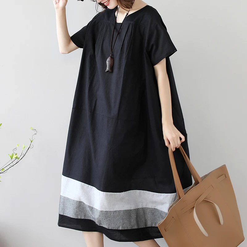  Plus Size, Korean Sle Dress, Western Sle, Slimming Cotton Linen, Short Sleeve Loose, Contrast Color Skirts