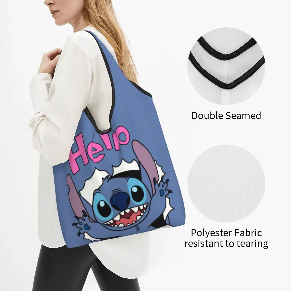 Stitch Cartoon Grocery Bags Recycle Foldable Hello Stitch Shopping Eco-Friendly Bag Washable With Pouch