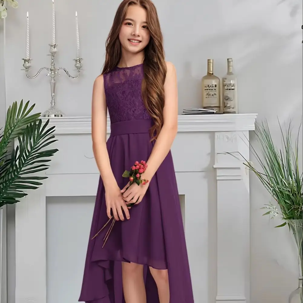 

KJF Kids Child Asymmetrical Junior Bridesmaid Dress Velvet Cabernet Flower Girl Dress Scoop Neck Chiffon Lace Cascading Ruffles