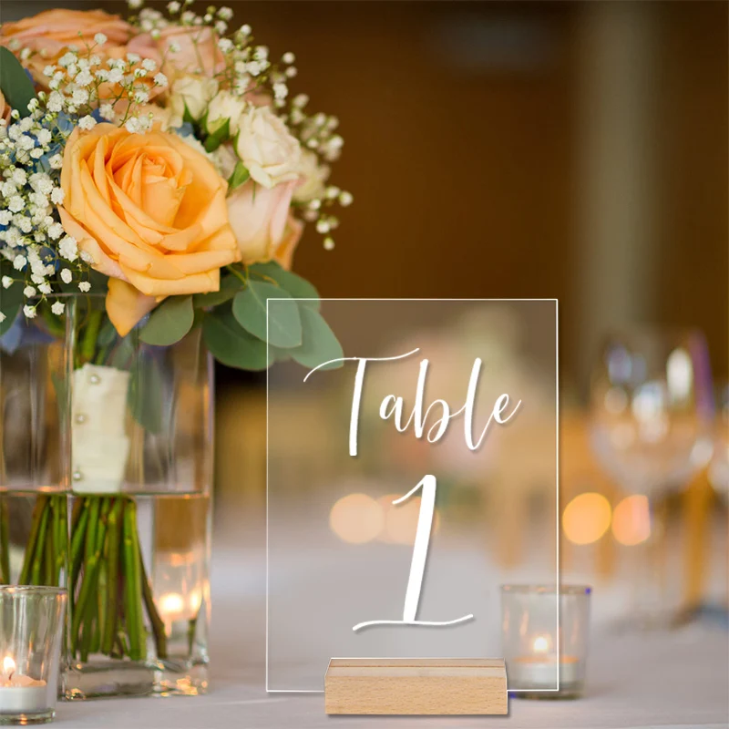 10Pcs Acrylic Wedding Table Number Sign DIY Blank Clear Display Signs with Wooden Base for Wedding Party Event Table Decoration