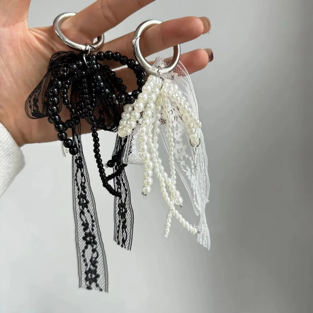 Cute Lace Keychain Bow White/Black Pearl Beaded Pendant Phone Chain Gift