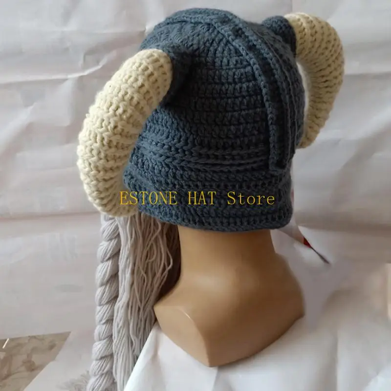 49MF Crocheted Large Beard Horns Mask Hat Handmade Horn Hat Thermal Male Female Couple Winter for Holiday Birthday Gifts