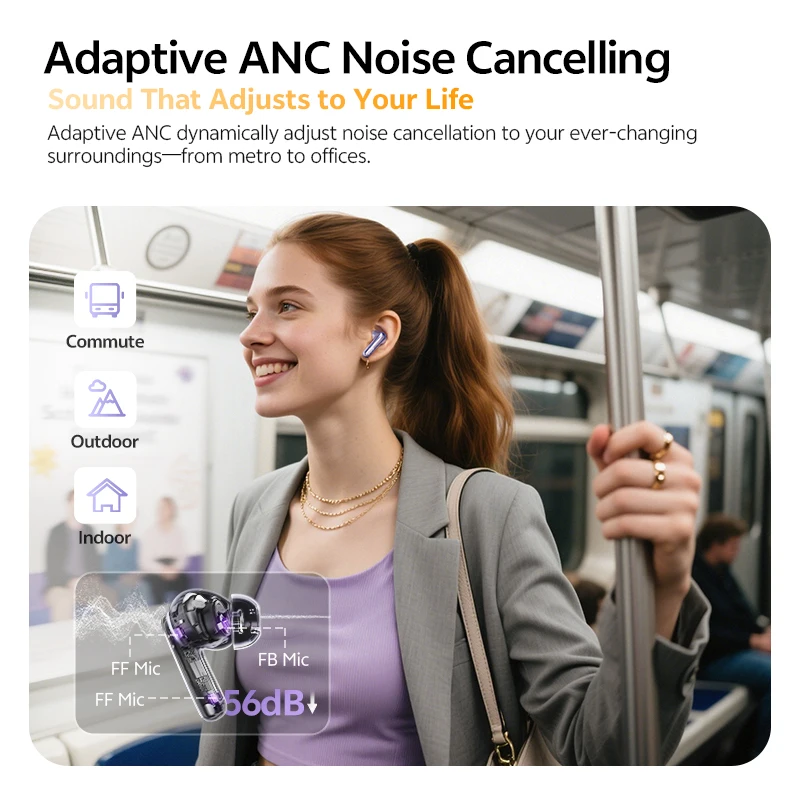 QCY MeloBuds N70 سماعات أذن لاسلكية ANC قابلة للتكيف بلوتوث 6.0 LDAC صوت عالي الدقة 6 ميكروفونات شحن لاسلكي سماعات 50 ساعة IPX5