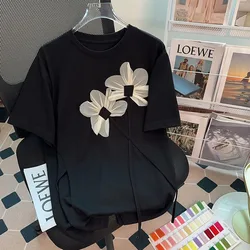 Teen Girls Black T-Shirt Women Short Sleeve Tops With 3D Flower Spring Summer Female Clothes Casual Loose Irregular Split Tees