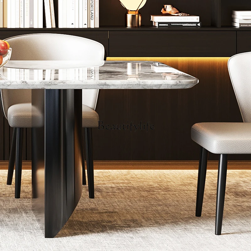 طاولة طعام مستوردة من الحجر الطبيعي الفاخر أوريو باللون الرمادي، طاولة طعام رخامية منزلية مستطيلة وبسيطة